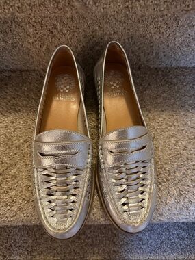 Vince Camuto Metallic Silver Woven Leather Penny Loafers